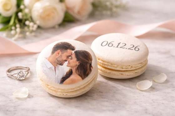 Photo macarons in a corporate gift setting